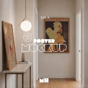 Pode incluir: Um mockup de cartaz com uma impressão emoldurada do Folies Bergère na parede, uma mesa de console com um vaso e livros, e uma luminária pendente esférica. O texto DIN A, PSD FILE, POSTER MOCKUP e MH está sobreposto em letras brancas.