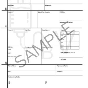 May include: A white medical form with black text, featuring sections for patient information, medical history, and vital signs. The word "SAMPLE" is prominently displayed across the center. The form includes spaces for notes and updates.