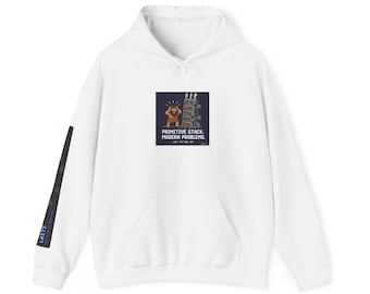 May include: White hoodie with a front pocket and a drawstring hood. The front features a square graphic with the text "PRIMITIVE STACK, MODERN PROBLEMS. LET IT BE IT." The left sleeve has a black and blue design. The graphic shows a cartoon bear and a stack of items.