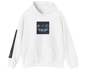 May include: White hooded sweatshirt with a front pocket and a drawstring hood. The front displays a dark blue square with the text "ROCK BEAT SCISSORS. AI BEAT ROCK. LET IT BE IT." and graphic icons. The left sleeve has a black and blue design.