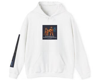 May include: White hooded sweatshirt with a front pocket and a drawstring hood. The front has a square graphic of two cavemen with the text "WE NO REPLACE BY AI, WE REPLACE BY CAVEMAN AND USE AI. LET IT BE IT." The left sleeve has a black stripe with white text.