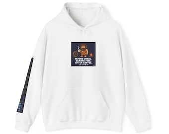 May include: White hooded sweatshirt with a front pocket and a drawstring hood. The front displays a square graphic of a caveman with a coffee cup, and the text "BEFORE WHEEL. BEFORE FIRE. AFTER COFFEE. LET IT BE IT.". The left sleeve has a black and blue design.