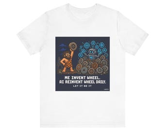 May include: White t-shirt with a pixel art graphic. The design shows a caveman with a wheel, alongside a robot and cogs. Text reads "ME INVENT WHEEL. AI REINVENT WHEEL DAILY. LET IT BE IT." A fun, tech-themed tee.