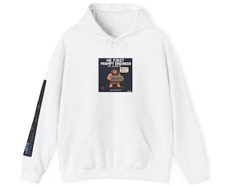 May include: White hoodie with a front pocket and drawstring. The front displays a graphic of a caveman with the text "ME FIRST PROMPT ENGINEER" and "PROMPT". The left sleeve has a black and blue design with text.