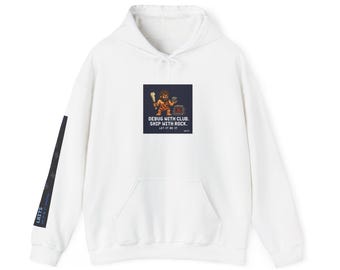 May include: White hooded sweatshirt with a front pocket and a drawstring hood. The front has a square graphic with a pixelated caveman holding a club and a shield. Text on the graphic reads "DEBUG WITH CLUB. SHIP WITH ROCK. LET IT BE IT."