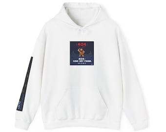 May include: White hoodie with a front pocket and drawstring. The front features a square graphic with a caveman and the text "404: CAVE NOT FOUND. LET IT BE 17." A black and blue design is on the left sleeve.