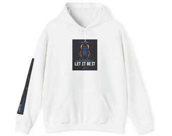 May include: White hoodie with a front pocket and drawstring. The front features a rectangular graphic with a blue scarab beetle and the text "LET IT BE IT". The left sleeve has a black and blue design with the text "LBTS".
