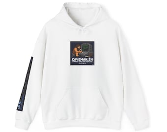 May include: White hoodie with a front pocket and a drawstring hood. The front features a graphic of a caveman using a computer, with the text "CAVEMAN.SH" and "RUNNING SINCE THE STONE AGE". The left sleeve has a black and blue design with the word "LBITS".