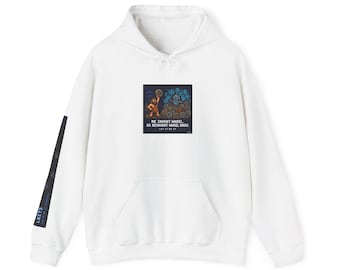 May include: White hooded sweatshirt with a front pocket and a drawstring hood. The front has a square graphic with a cartoon caveman and the text "WE INVENT WHEEL AS REINVENT WHEEL DAILY. LET IT BE IT." The left sleeve has a black stripe with text.