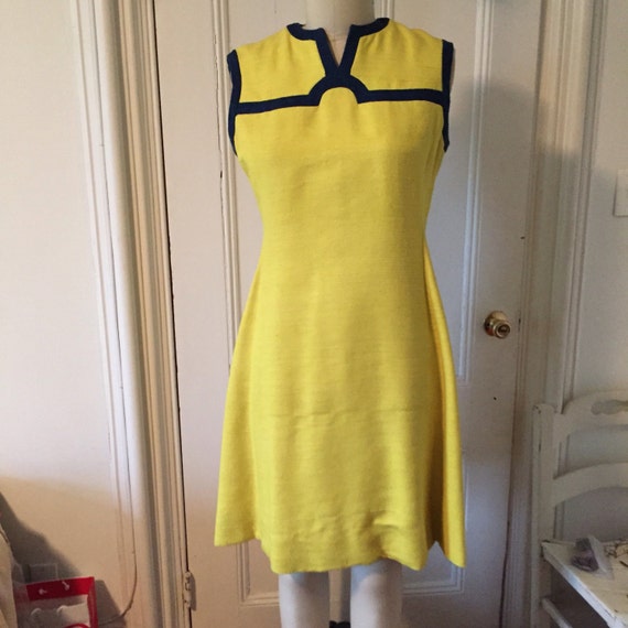 Bam! Bright yellow silk shantung dress, navy trim,