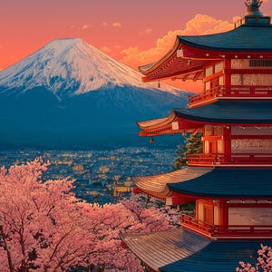 May include: Digital illustration of a Japanese pagoda with red and blue roofs, set against a backdrop of Mount Fuji and a city at dusk. Cherry blossoms frame the foreground, with a vibrant sunset sky.