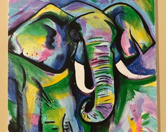 Colorful Abstract Elephant Painting: Whimsical Animal Art hand-painted. one of a kind