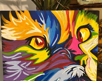 Vibrantly Colored Cat Painting: Whimsical Whiskers, Off-Balance Eyes, Joyful Feline Art