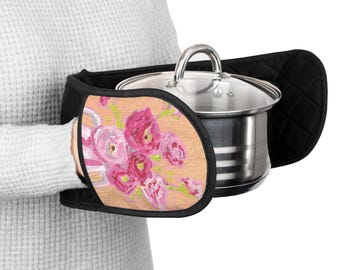 Pink Floral Cosmos Oven Mitts | Hand-Painted Cottagecore Kitchen