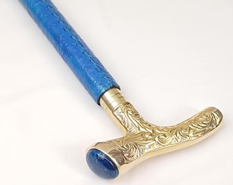 3 Piece Blue Leather Covered Wooden Walking Stick with Brass Handle and Blue Accent