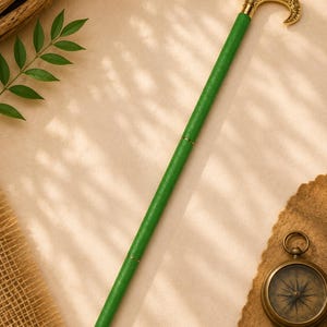 Green Leather Wrapped Walking Cane, Engraved Brass Knob Handle, Detachable 3-Piece