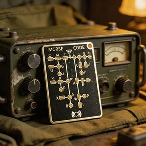 May include: A rectangular black plaque with gold trim featuring a Morse code chart with letters and dots. The text MORSE CODE is printed at the top, and a signal icon is at the bottom. The plaque is positioned in front of a vintage olive green radio.