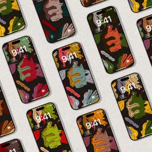 May include: Multiple smartphones arranged in a grid pattern, each displaying a lock screen with a dark background featuring abstract, organic shapes in vibrant shades of red, green, yellow, and purple, along with the time 9:41 displayed.