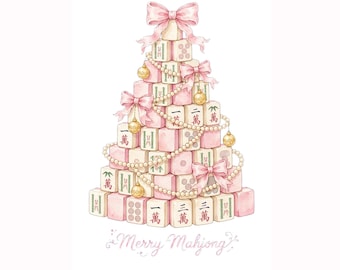 Puede incluir: Una ilustración en acuarela de un árbol de Navidad construido con fichas de Mahjong apiladas en tonos rosa y blanco. El árbol está decorado con lazos rosas, adornos dorados y collares de perlas, con el texto Merry Mahjong en la parte inferior.