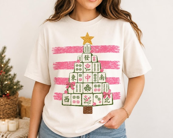 Merry Mahjong PNG, Mahjong Christmas Tree PNG, Pink Coquette Holiday Tiles, Mahjong Player Gift, Christmas Shirt Graphic, Digital Download