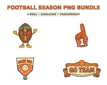Puede incluir: Un paquete digital titulado FOOTBALL SEASON PNG BUNDLE que contiene cuatro ilustraciones: un personaje de balón de fútbol marrón con diadema, un dedo de espuma naranja con un número uno, un banderín con el texto GAME DAY y un cartel con GO TEAM.