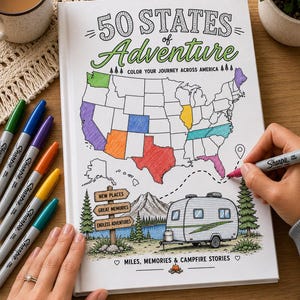 Könnte beinhalten: Ein weißes Malbuch mit dem Titel 50 States of Adventure Color Your Journey Across America, das eine Karte der Vereinigten Staaten mit einigen ausgemalten Bundesstaaten, einen Wohnwagen, ein Holzschild und den Text Miles, Memories & Campfire Stories zeigt.
