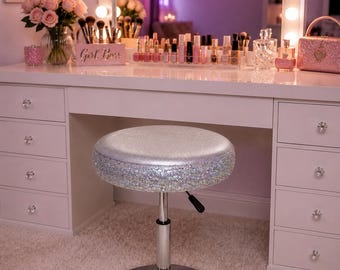 Taburete de tocador con purpurina hecho a mano: base cromada ajustable, asiento de maquillaje glamuroso