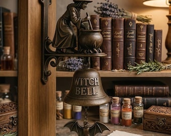 Witch Bell Wall Decor, Cast Iron Flying Witch Door Bell with Bat Clapper, Gothic Home Decor, Spooky Halloween Porch Bell, Pagan Altar Gift