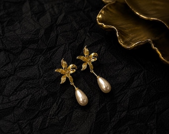 Gold Orchid Pearl Drop Earrings, Floral Dangle Wedding Jewelry