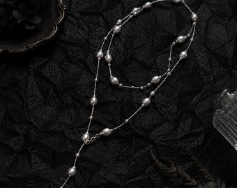 Collar largo de perlas en capas, cadena en Y plateada, elegante joyería nupcial.