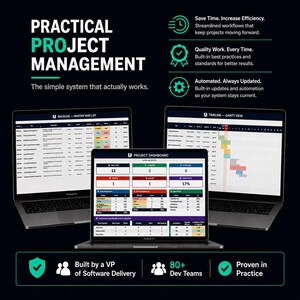 Puede incluir: Tres portátiles que muestran paneles y cronogramas de gestión de proyectos. La imagen incluye el texto "PRACTICAL PROJECT MANAGEMENT" y destaca características como flujos de trabajo optimizados, trabajo de calidad y automatización. La imagen también indica que el software fue creado por un VP of Software Delivery.