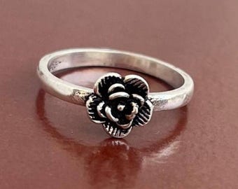 Handmade Oxidized Silver Flower Ring, Dainty Boho Midi Rose Ring, Friendship Rings