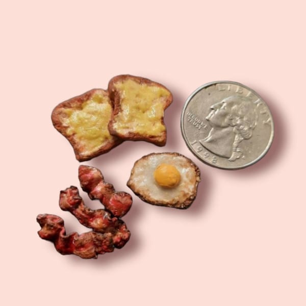 Polymer Clay Miniature Breakfast, Fried Egg, 2 Pieces Of Butter Toast and 3 Pieces Of Bacon