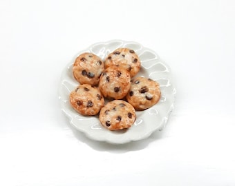 6 Dollhouse Polymer Clay Miniature Chocolate Chip Cookies, Plate Not Included