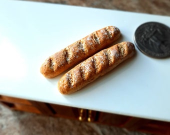 2 Polymer Clay French Baguettes, Miniature Dollhouse Food
