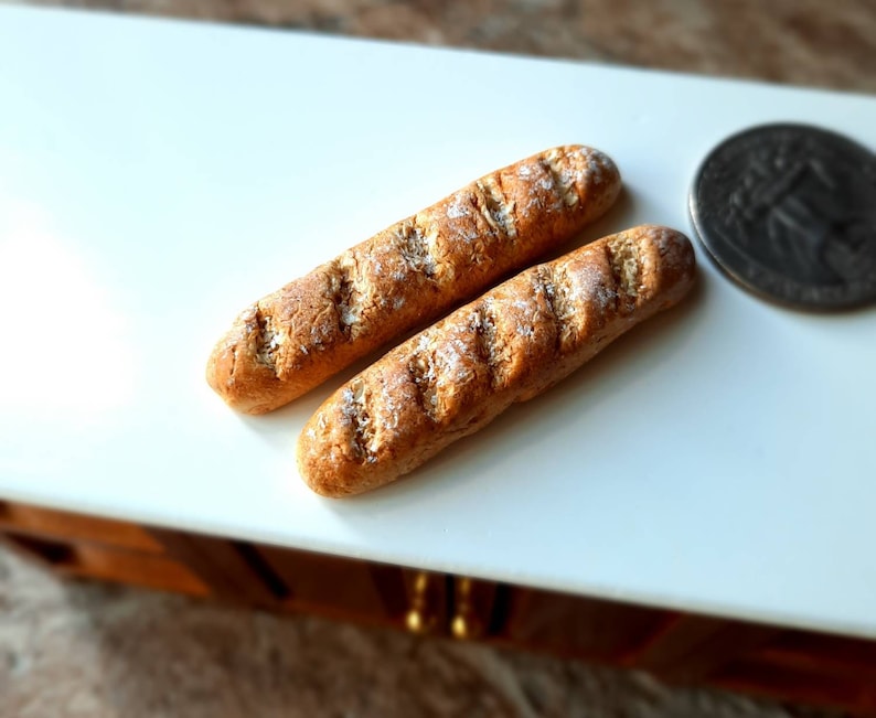 2 Polymer Clay French Baguettes, Miniature Dollhouse Food image 1