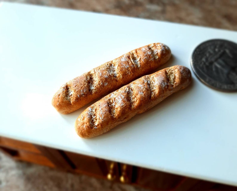 2 Polymer Clay French Baguettes, Miniature Dollhouse Food image 2