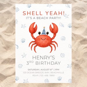 Beach Birthday Invitation, Shell Yeah Birthday Invite, Coastal Birthday Party, ANY AGE Ocean Birthday Invitation, Editable Canva Template