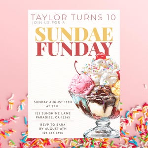 Plantilla de invitación de cumpleaños con temática de helado, invitación para fiesta de helado, invitación editable para niñas de cualquier edad, invitación para fiesta de helados, plantilla de Canva