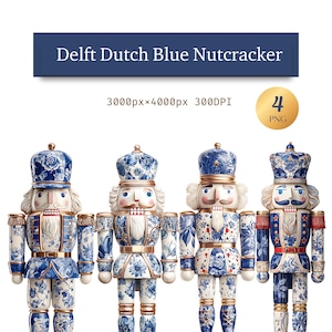 May include: Four Delft Dutch Blue Nutcrackers. Each figurine features a white face, moustache, and hair. The bodies are decorated with blue floral patterns and gold accents. The text "Delft Dutch Blue Nutcracker" is displayed at the top of the image.