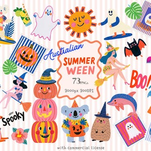 Australische Summerween Clipart Bundel, Halloween Strandfeest, Tropische Spook Pompoen Heks, Zomerse Halloween