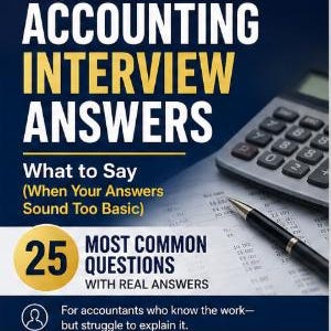 May include: A book cover with the title "ACCOUNTING INTERVIEW ANSWERS" in white and yellow text. The cover also includes a calculator, pen, and text that reads "25 MOST COMMON QUESTIONS WITH REAL ANSWERS". The background is dark blue.