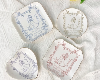 Personalized French Floral Wedding Ring Dish, Ceramic Jewelry Tray, Custom Bridal Decor