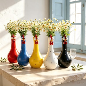 May include: Five ceramic vases shaped like chickens, each featuring a long neck, a red comb, and a beak. The vases are coloured red, blue, yellow, white, and black, all with polka dots. Each vase holds a bouquet of white daisies with yellow centres.