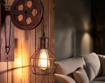 Luminária de parede industrial com polia, estilo vintage rústico, para quarto, sala de estar, espaço masculino ou ambiente externo, com soquete para lâmpada Edison.