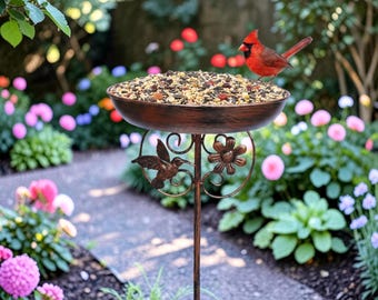 Bebedouro/Comerciante de Pássaros de Metal para Jardim, Decoração Externa, Suporte para Alimentador de Pássaros, Ornamento para Pátio e Gramado, Presente para Amantes de Pássaros, Decoração de Quintal