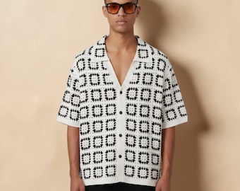 Camisa masculina de malha de manga curta, estilo verão, com botões, ideal para praia, leve e respirável, perfeita para resorts e férias.