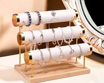 Suporte para joias de 3 níveis com base de madeira, porta-pulseiras, organizador de colares, expositor minimalista, presente ideal para mulheres.