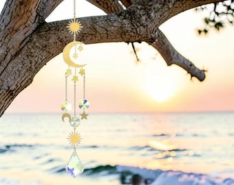 Apanhador de Sol de Cristal Lua Estrela Prisma Arco-Íris Decoração de Janela Apanhador de Sol Boho Sino de Vento de Jardim Presente