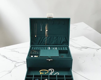 Organizador de Joias Grande com 3 Níveis, Estojo para Anéis e Colares com Gaveta, Ideal para Viagem e Presente Perfeito para Ela.